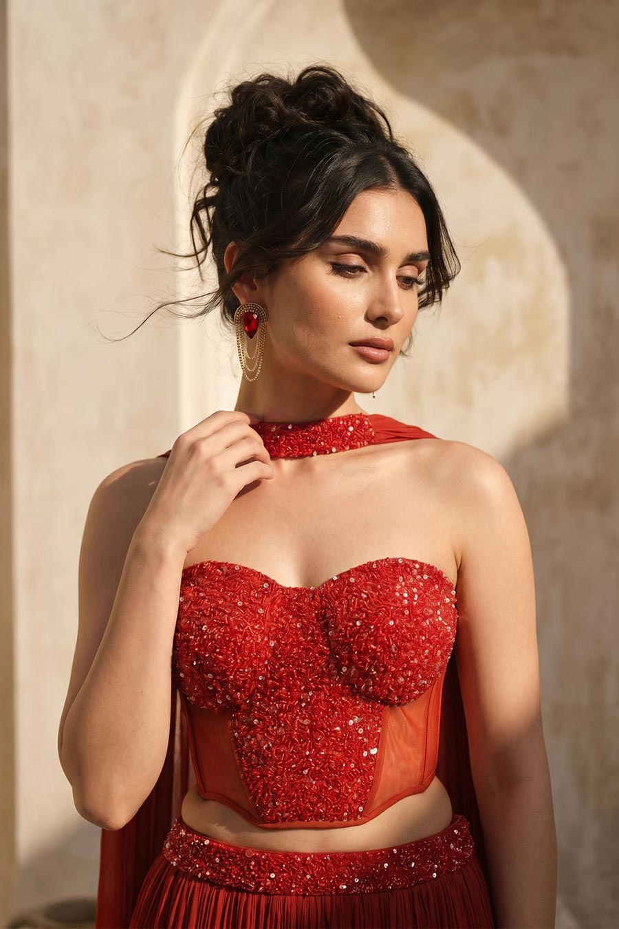 Rust Orange Embroidered Corset & Skirt Set With Dupatta