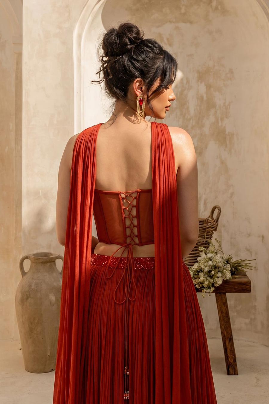 Rust Orange Embroidered Corset & Skirt Set With Dupatta