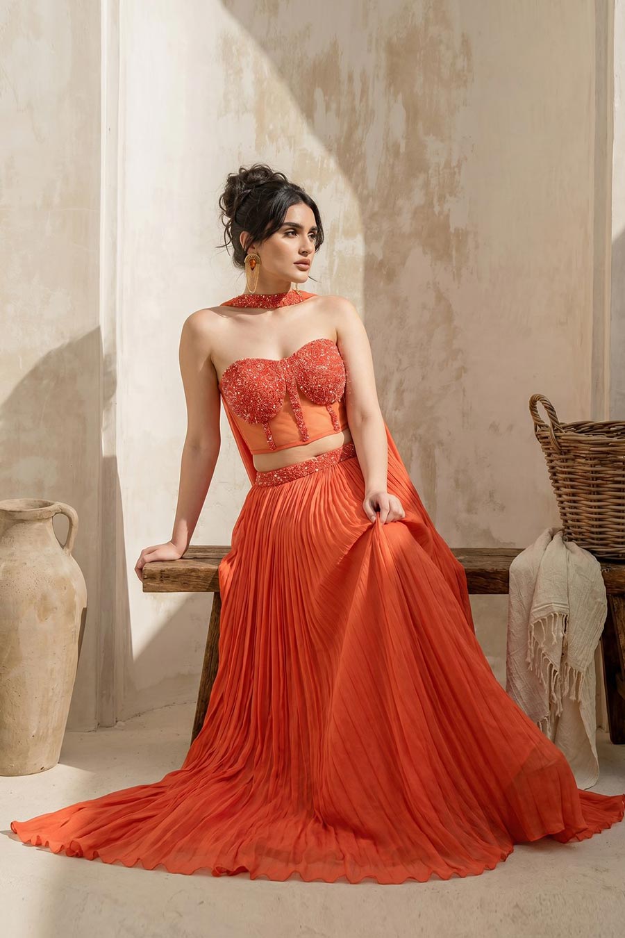 Orange Embroidered Corset & Skirt Set With Dupatta