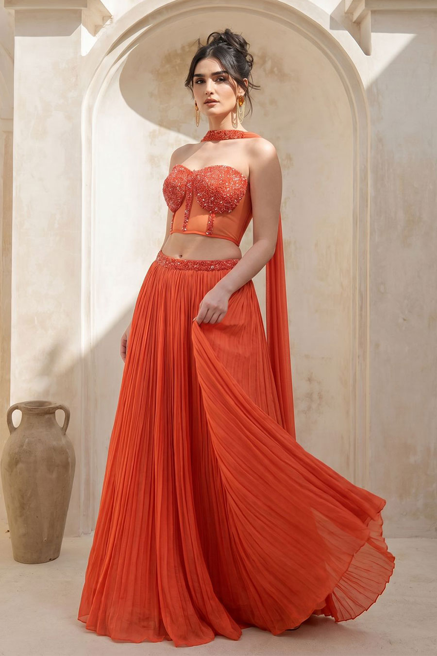 Orange Embroidered Corset & Skirt Set With Dupatta