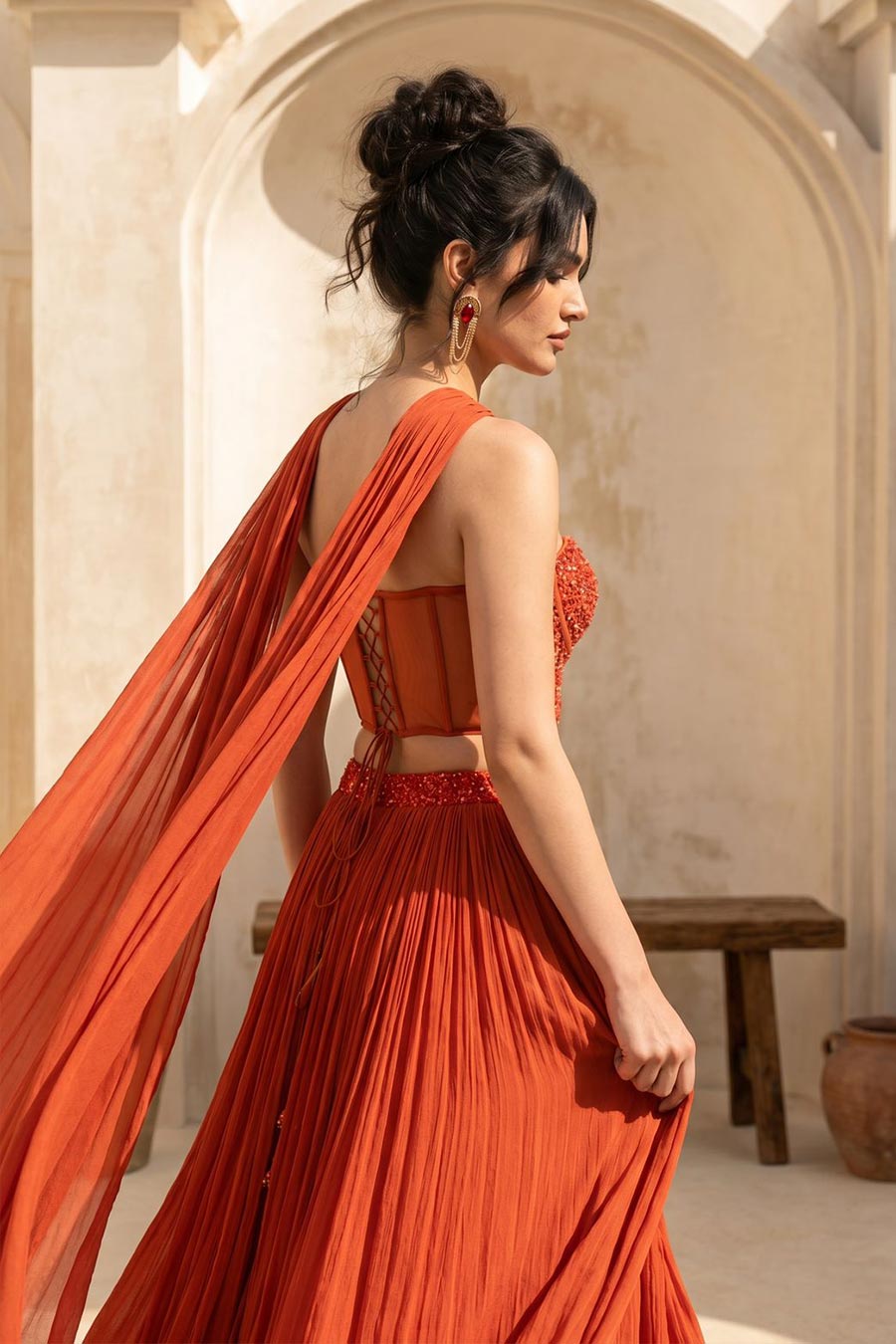 Orange Embroidered Corset & Skirt Set With Dupatta