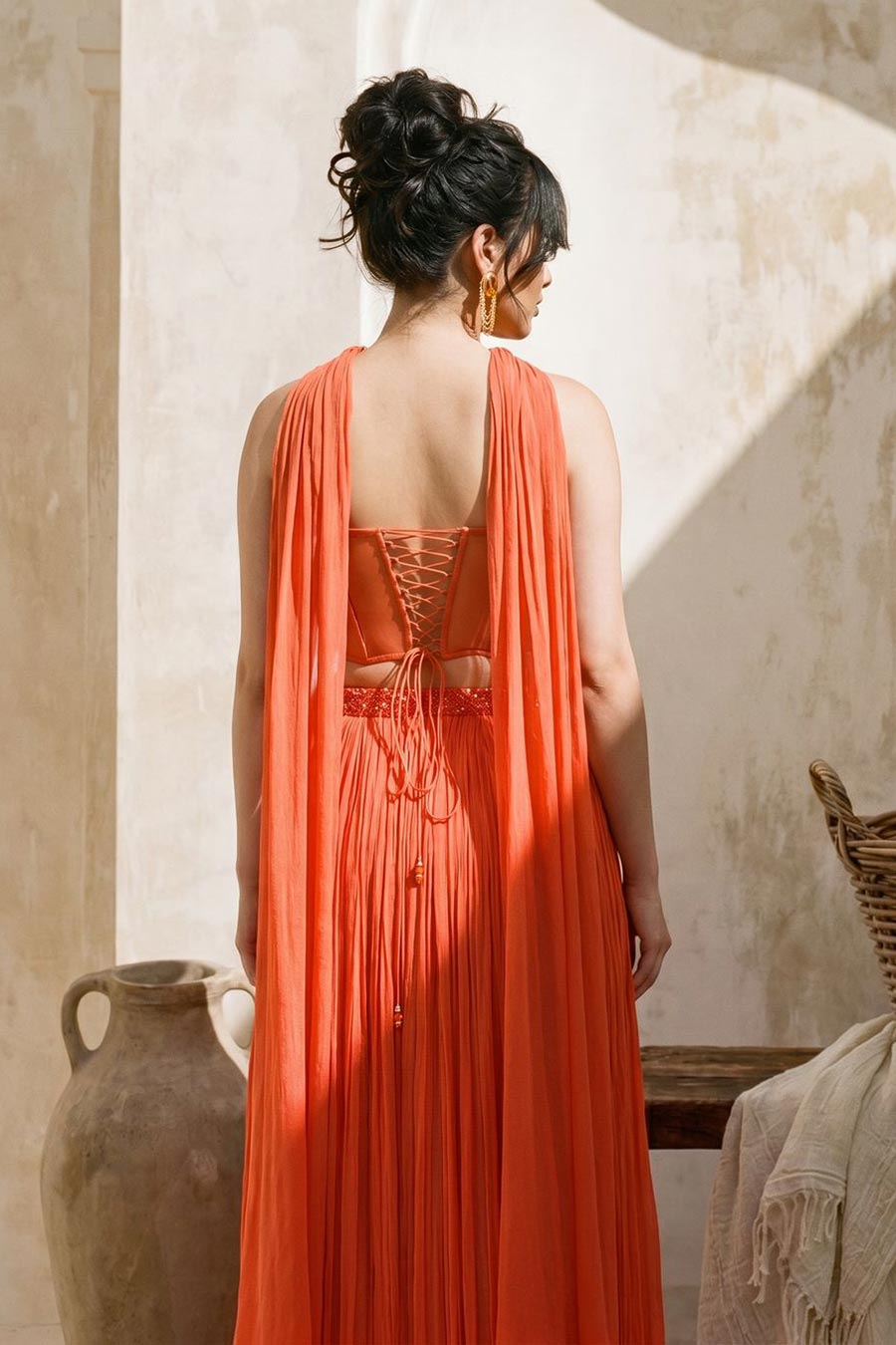 Orange Embroidered Corset & Skirt Set With Dupatta