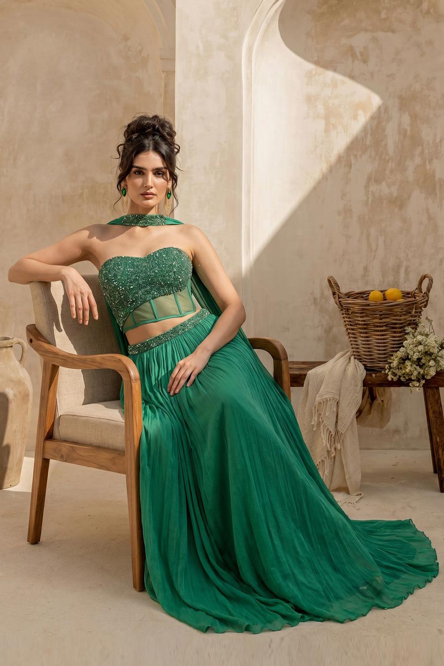 Emerald Green Embroidered Corset & Skirt Set With Dupatta
