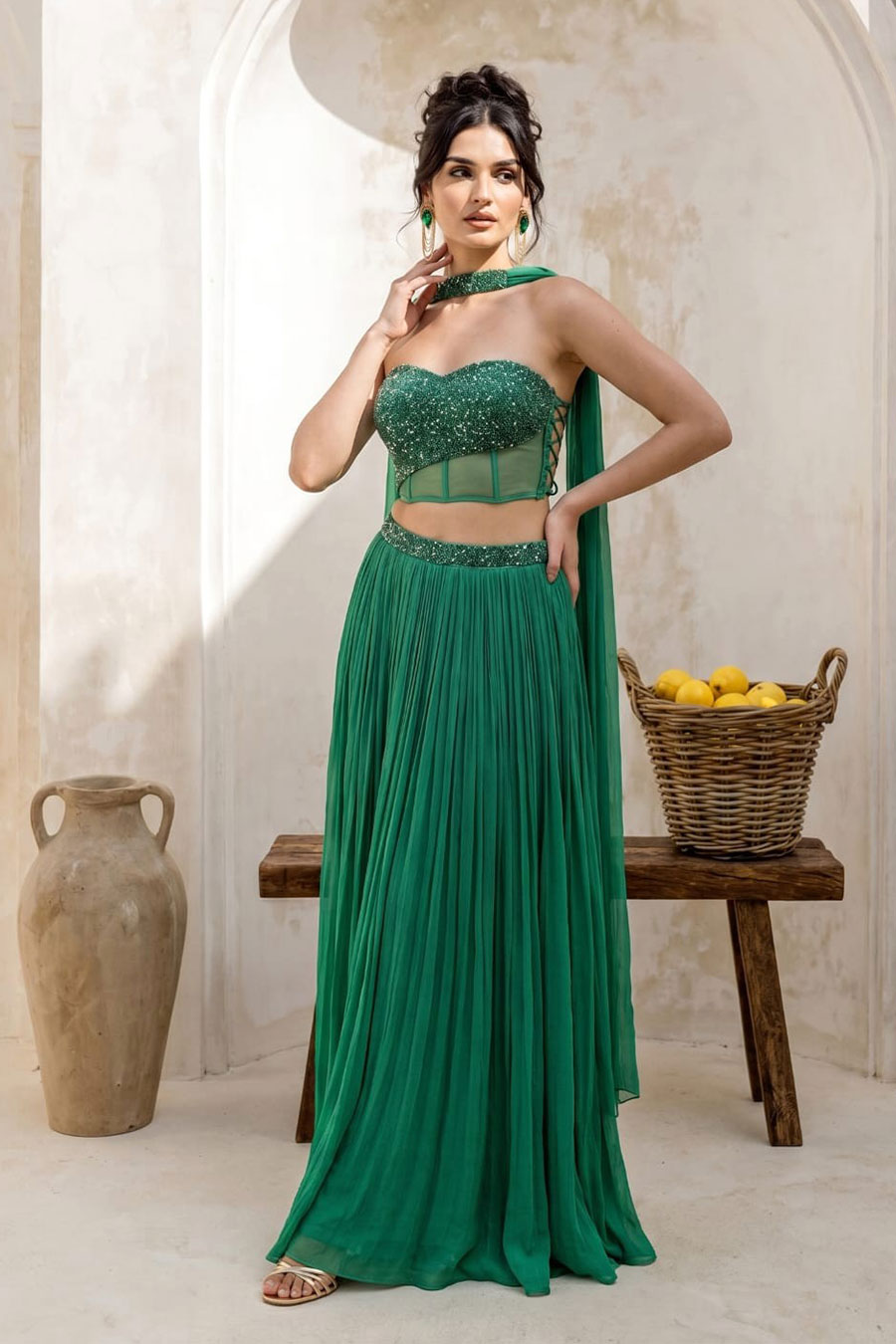 Emerald Green Embroidered Corset & Skirt Set With Dupatta