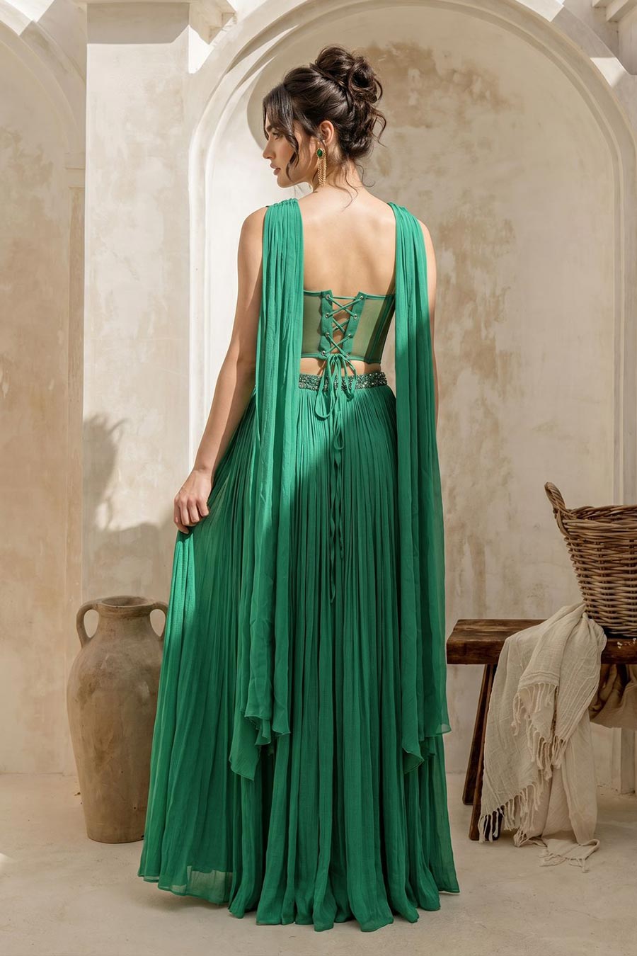 Emerald Green Embroidered Corset & Skirt Set With Dupatta