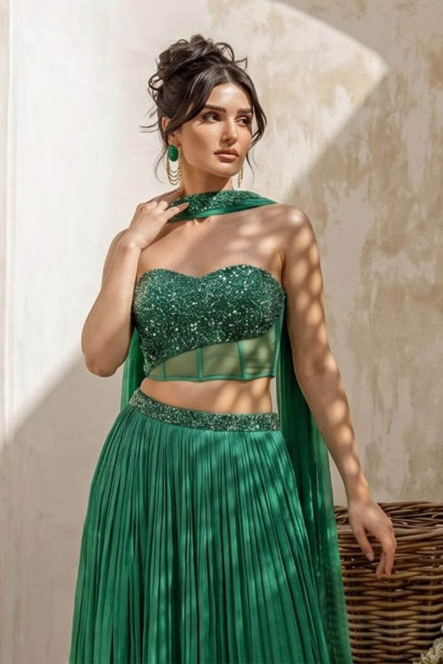 Emerald Green Embroidered Corset & Skirt Set With Dupatta
