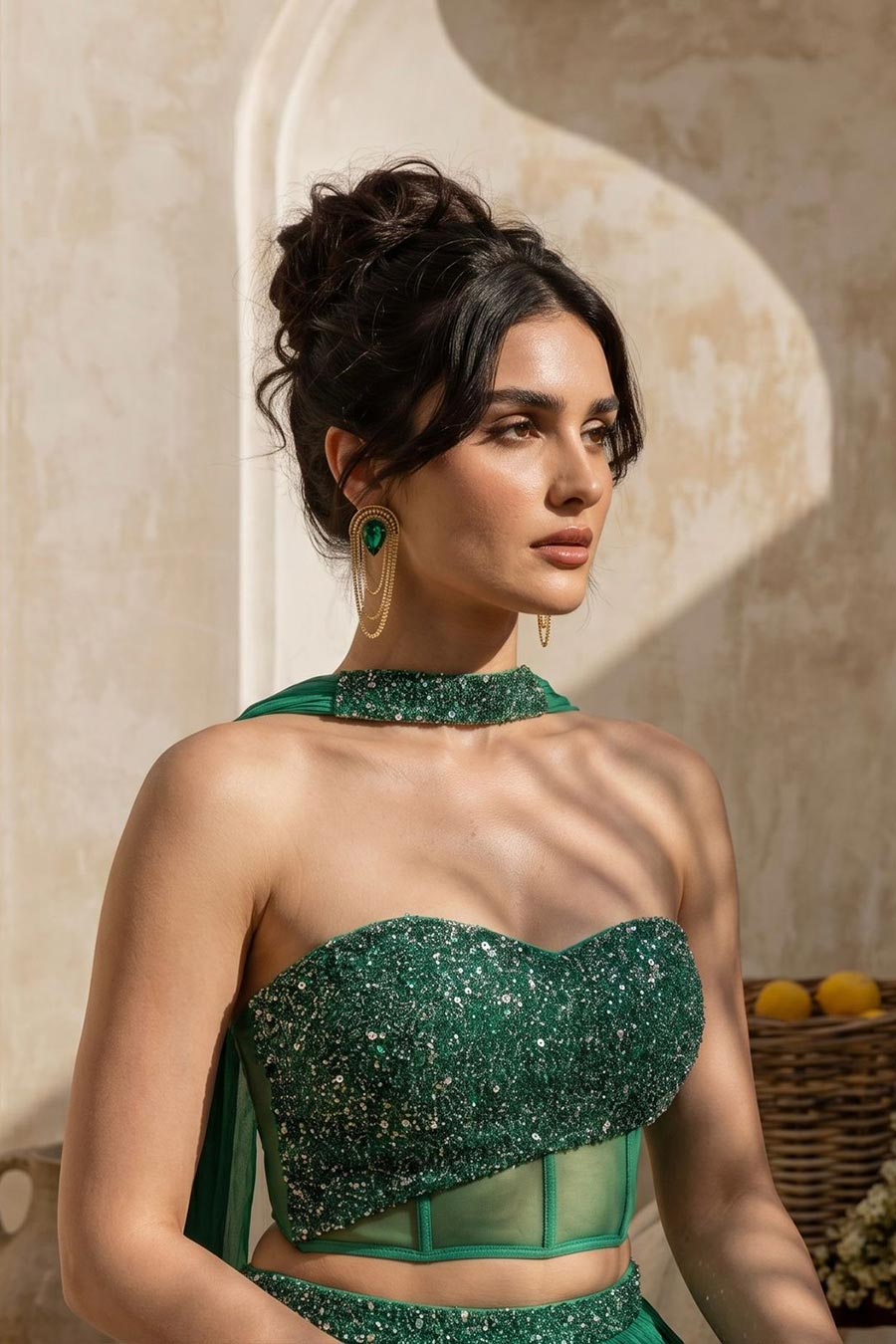 Emerald Green Embroidered Corset & Skirt Set With Dupatta