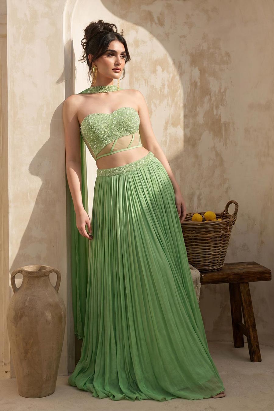 Tea Green Embroidered Corset & Skirt Set With Dupatta