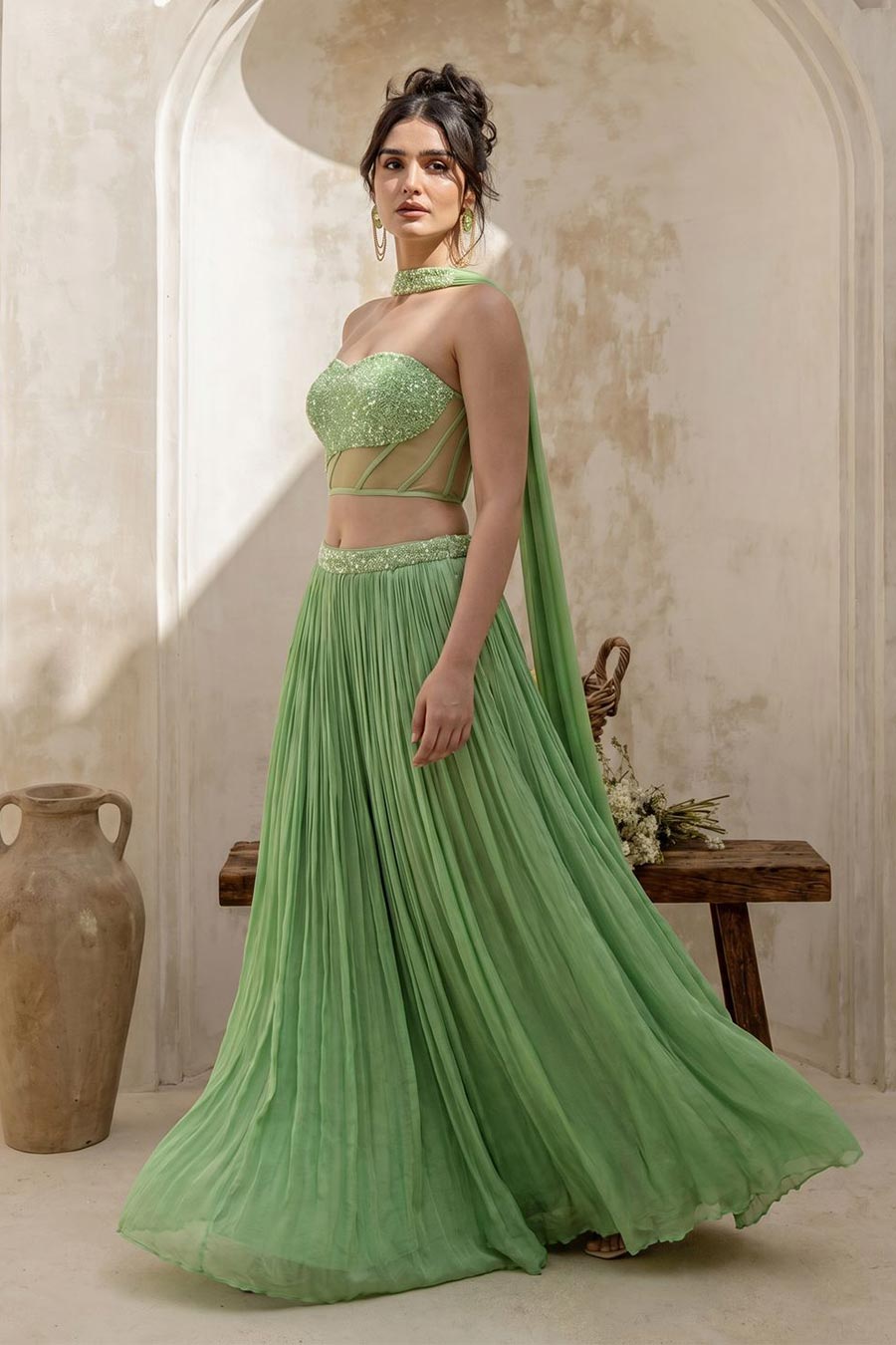 Tea Green Embroidered Corset & Skirt Set With Dupatta