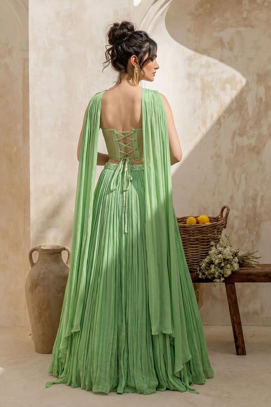 Tea Green Embroidered Corset & Skirt Set With Dupatta