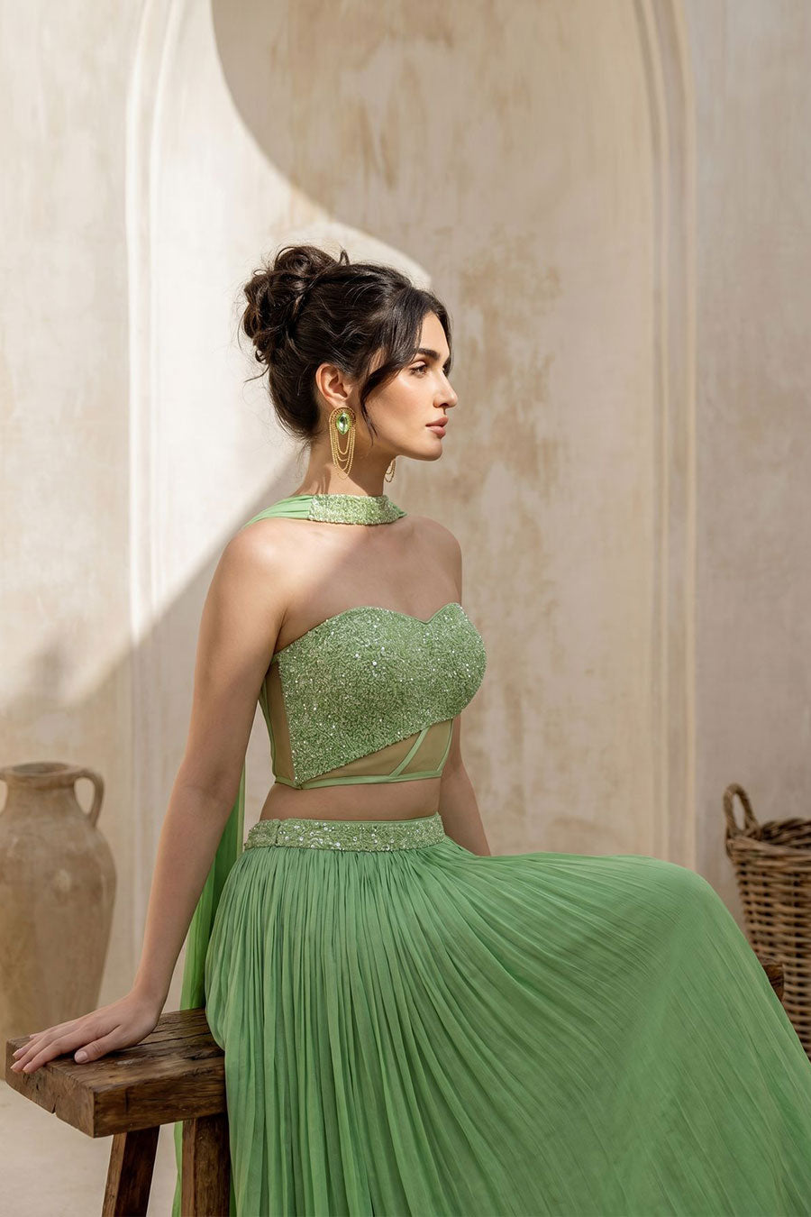 Tea Green Embroidered Corset & Skirt Set With Dupatta