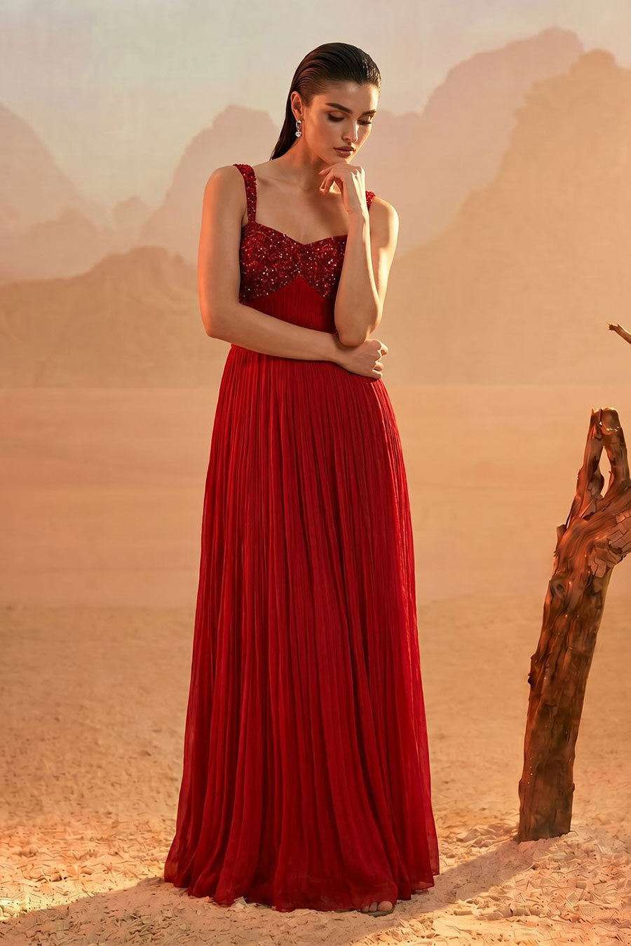 Red Embroidered Pleated Gown