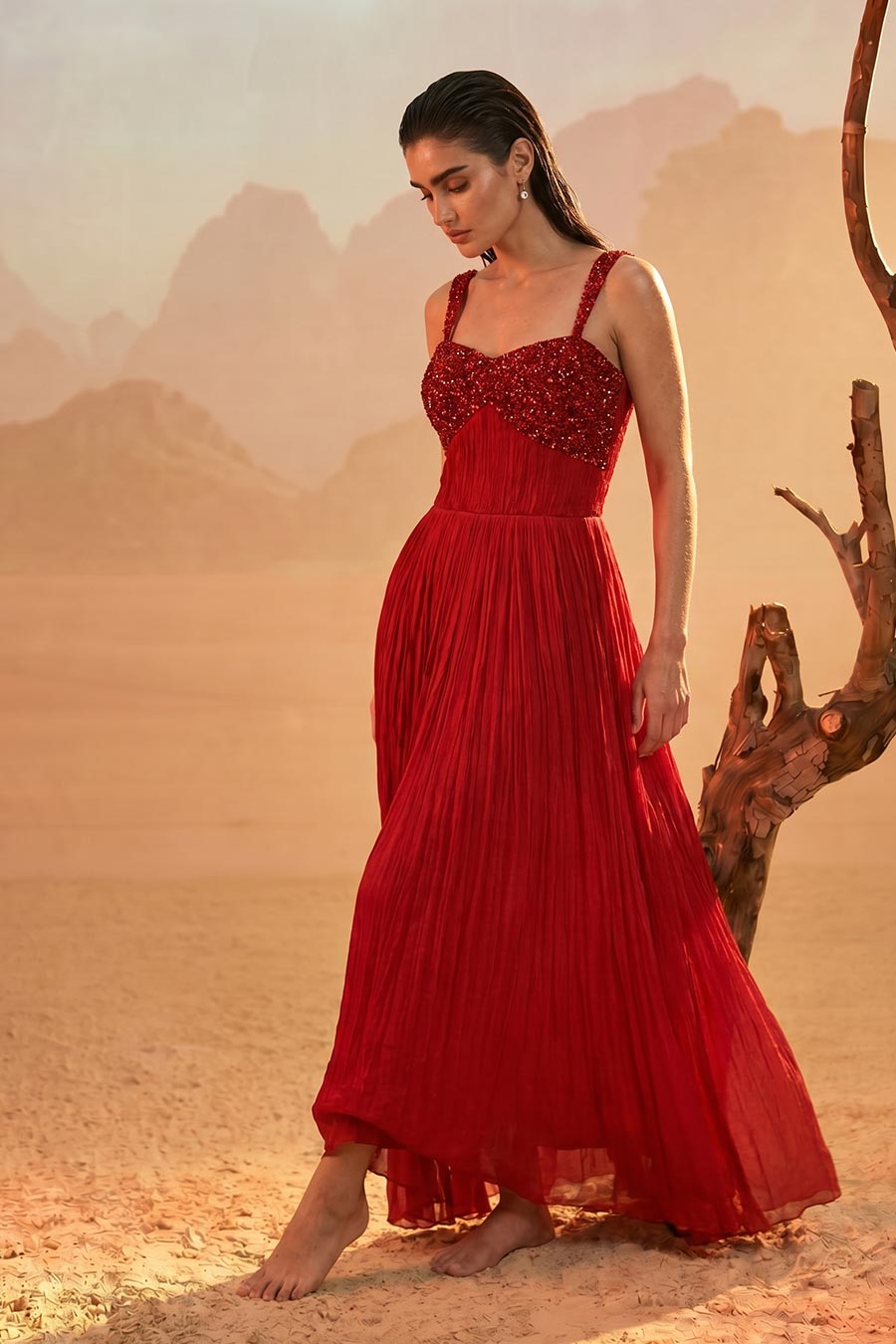 Red Embroidered Pleated Gown