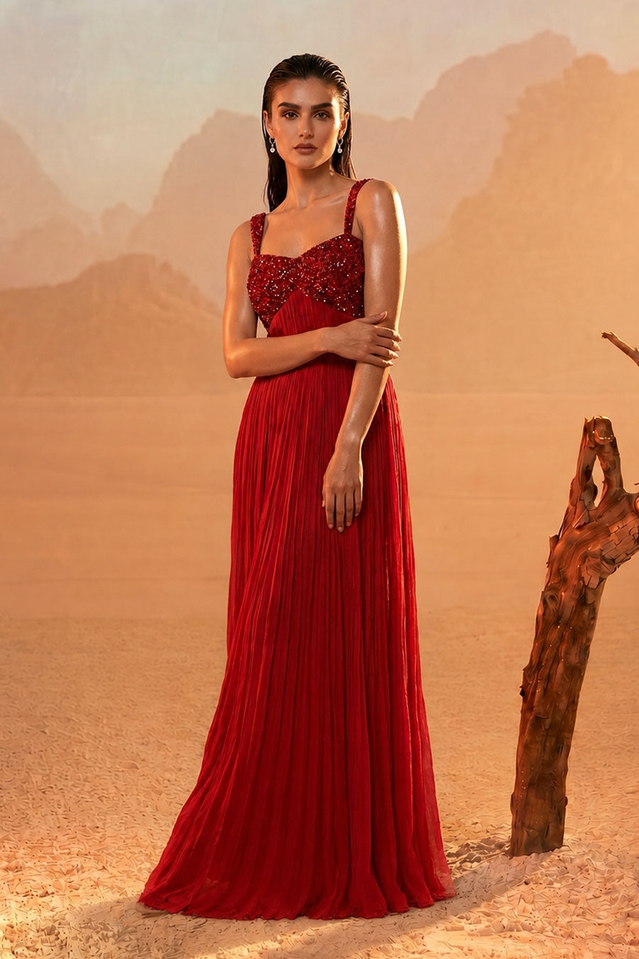 Red Embroidered Pleated Gown