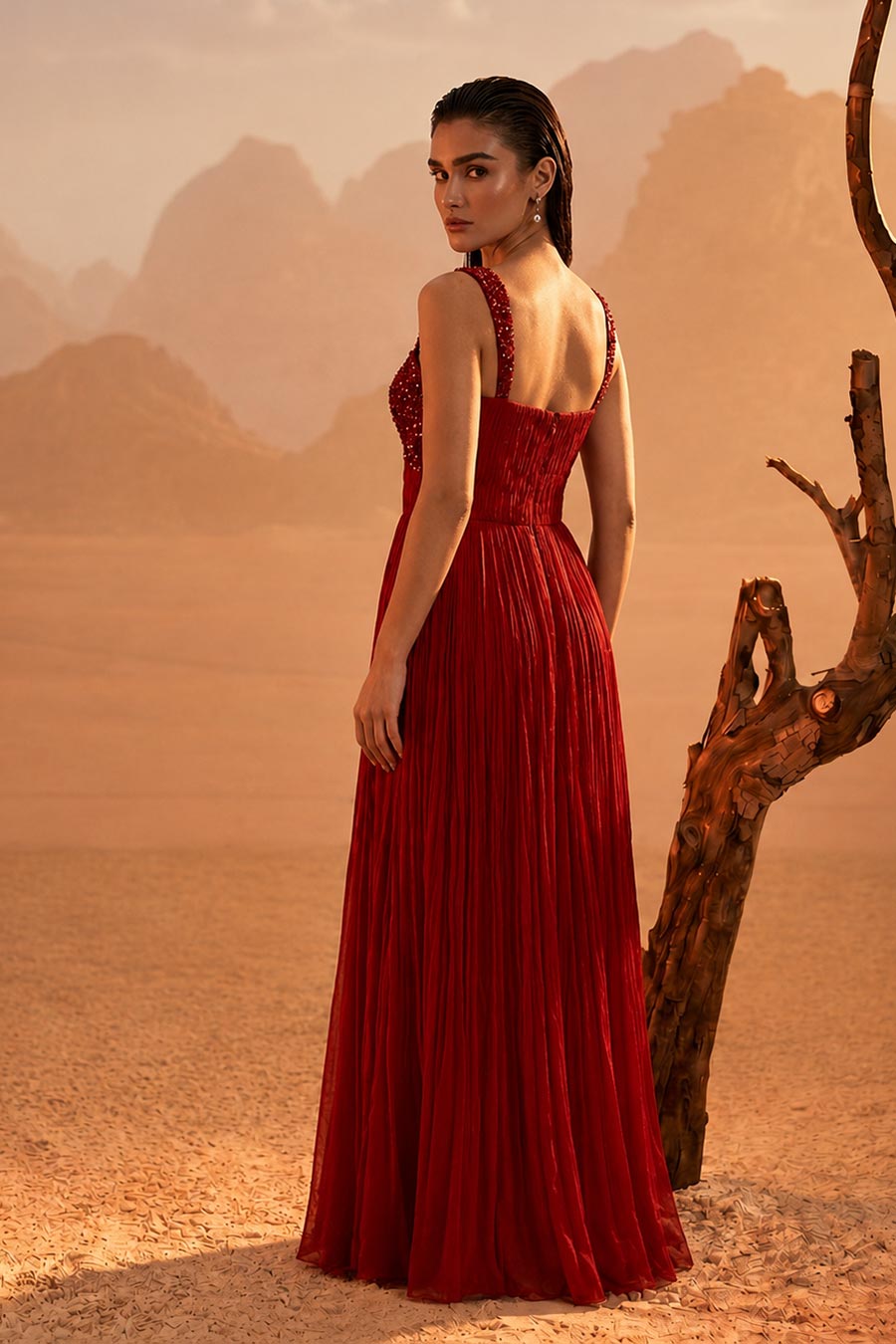 Red Embroidered Pleated Gown