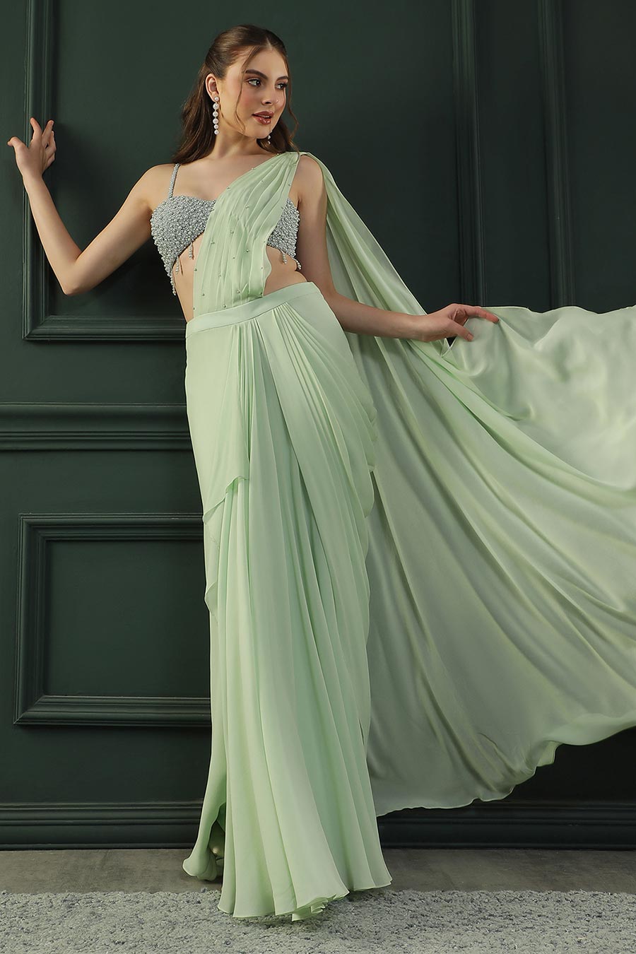 Green Pearl Embellished Drape Saree & Blouse Set
