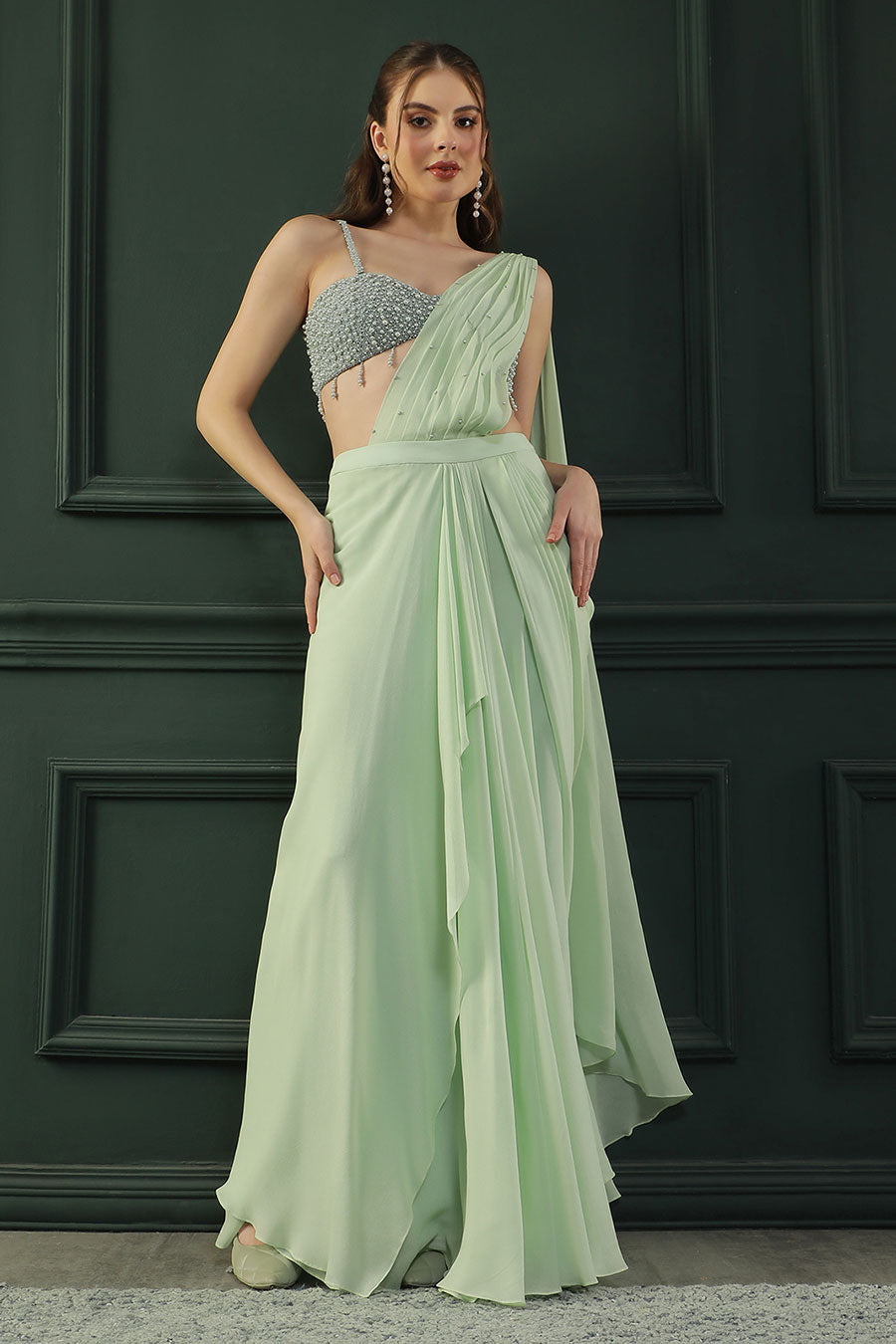 Green Pearl Embellished Drape Saree & Blouse Set