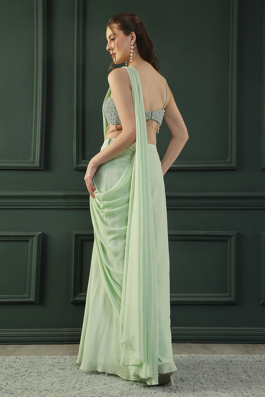 Green Pearl Embellished Drape Saree & Blouse Set