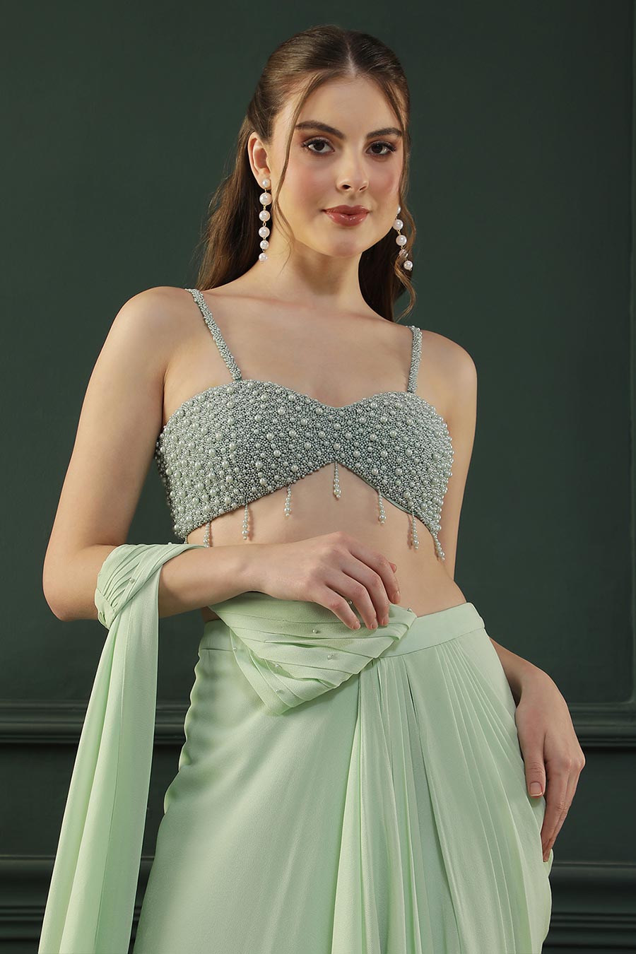 Green Pearl Embellished Drape Saree & Blouse Set