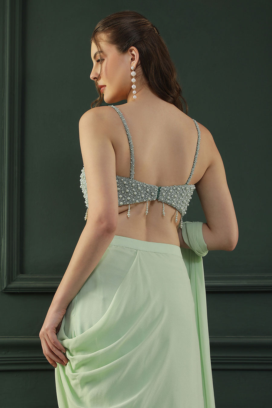 Green Pearl Embellished Drape Saree & Blouse Set