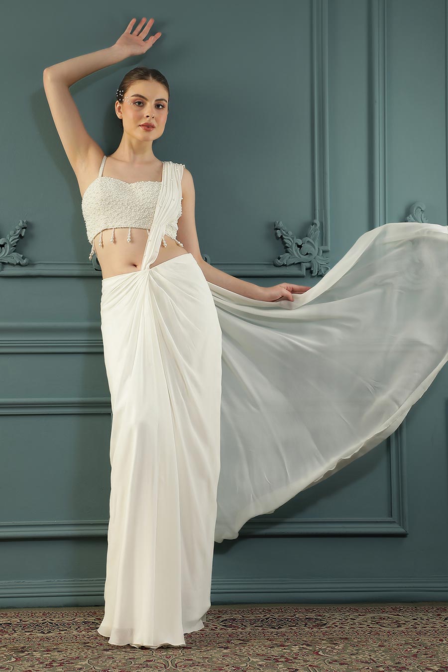 White Pearl Embellished Drape Saree & Blouse Set