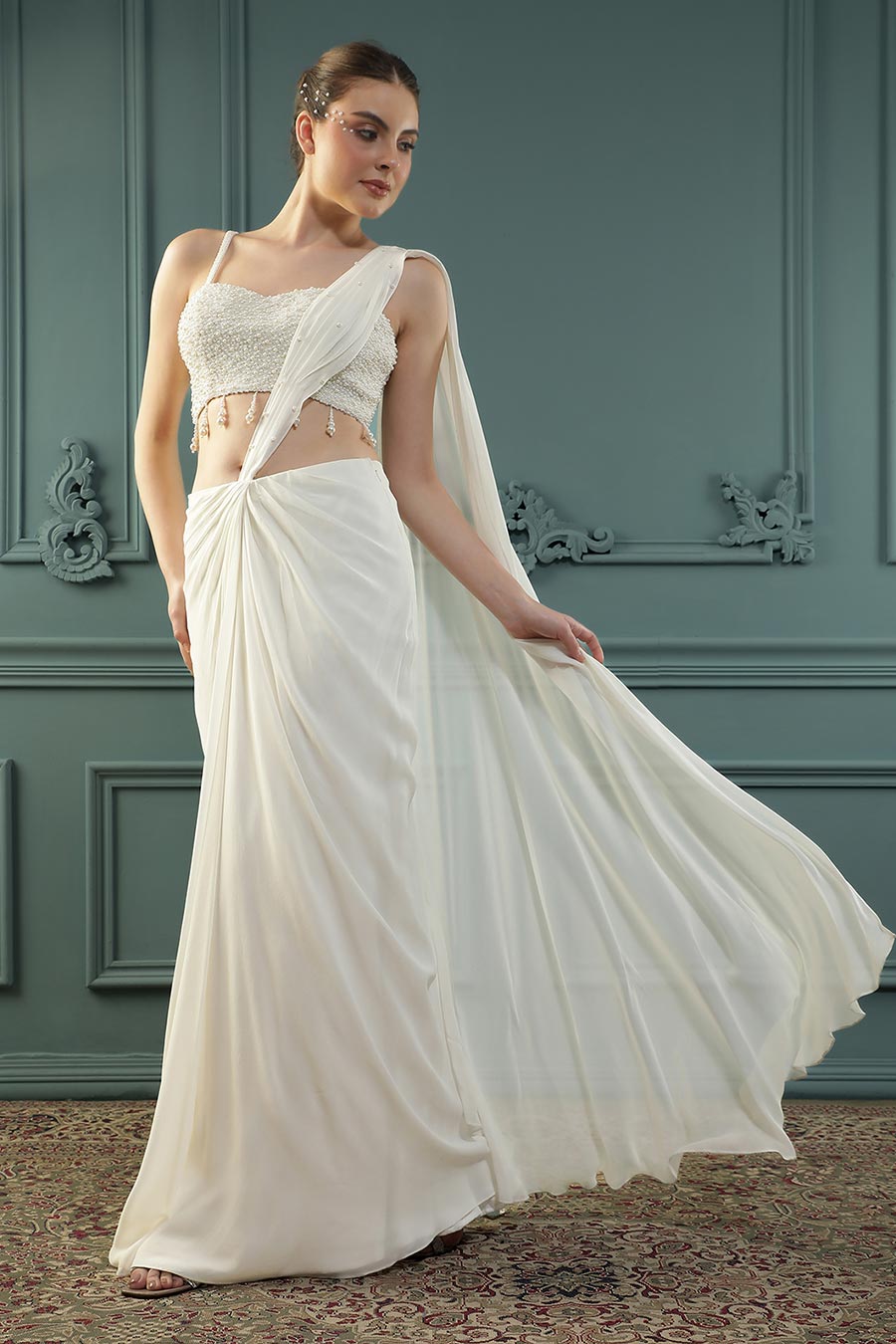 White Pearl Embellished Drape Saree & Blouse Set