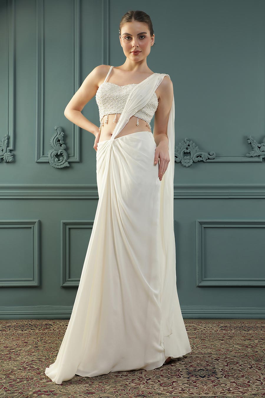 White Pearl Embellished Drape Saree & Blouse Set