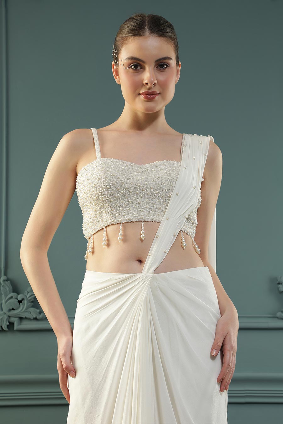 White Pearl Embellished Drape Saree & Blouse Set
