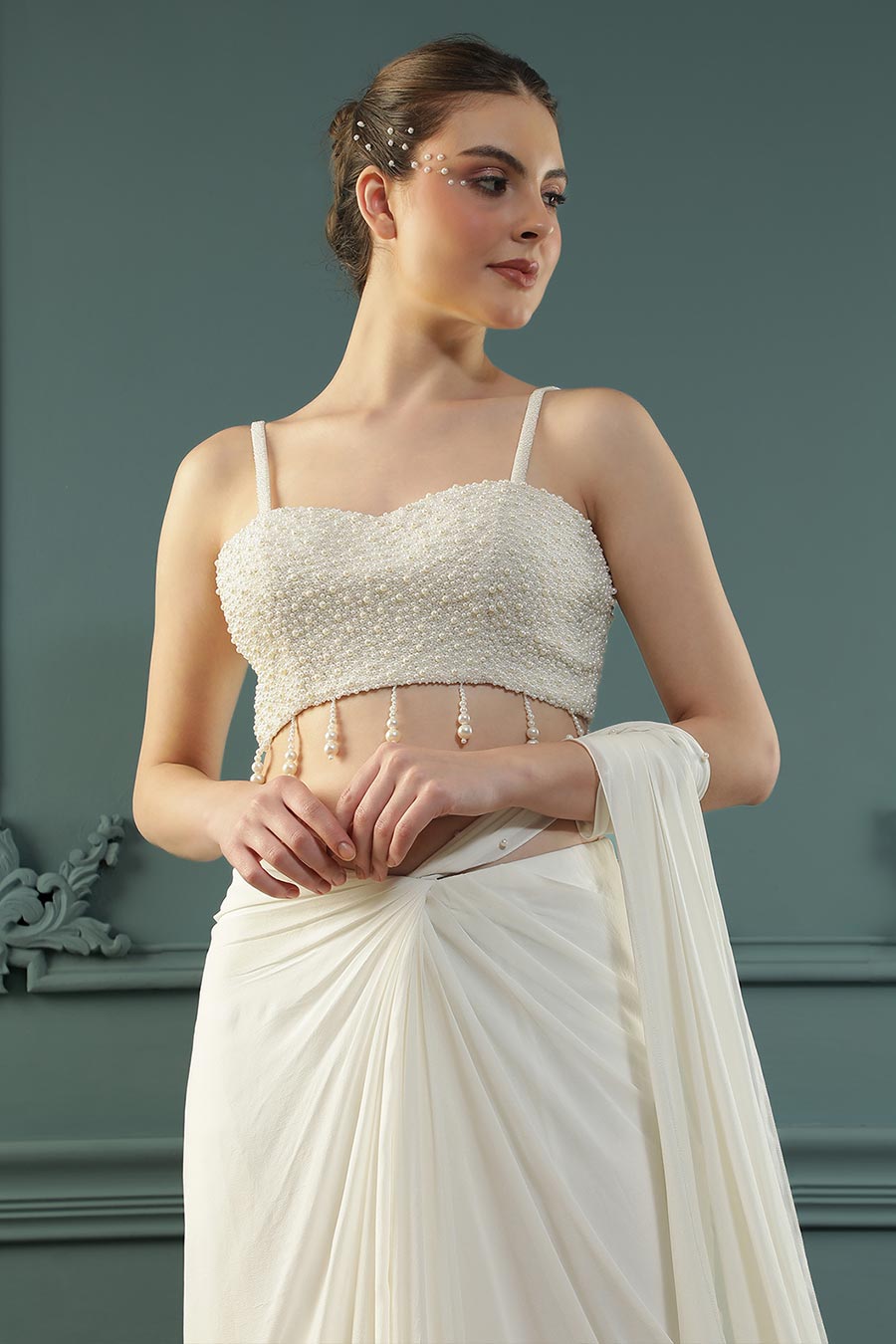 White Pearl Embellished Drape Saree & Blouse Set