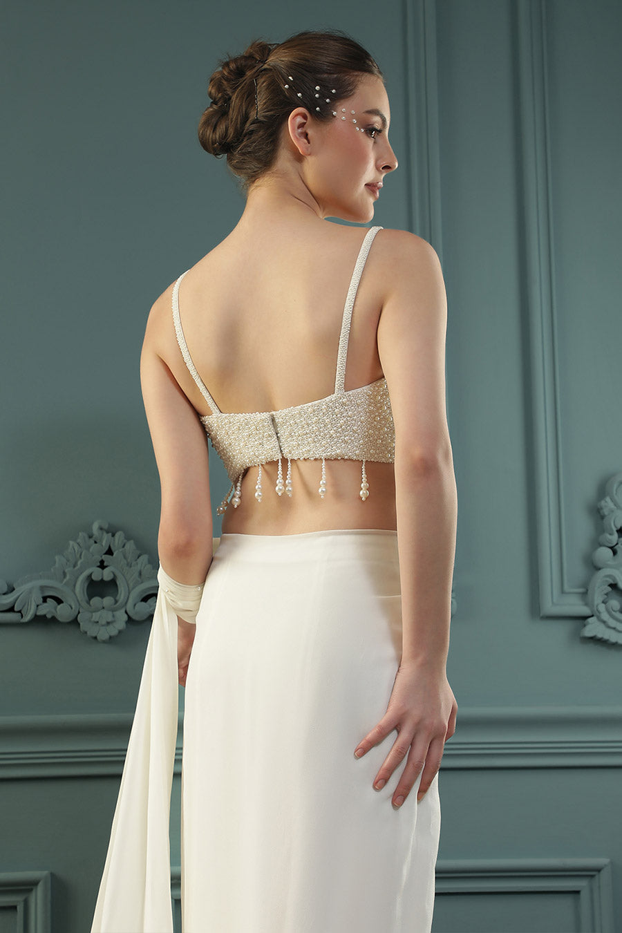 White Pearl Embellished Drape Saree & Blouse Set