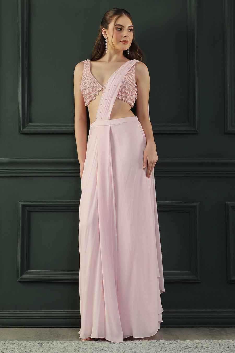 Pink Pearl Embellished Drape Saree & Blouse Set