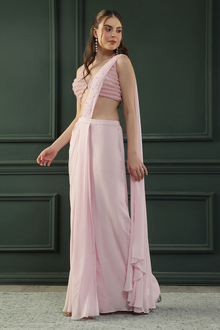 Pink Pearl Embellished Drape Saree & Blouse Set