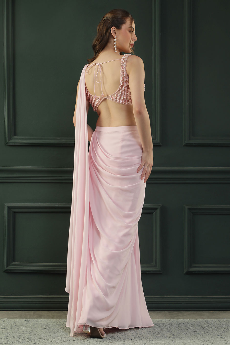 Pink Pearl Embellished Drape Saree & Blouse Set