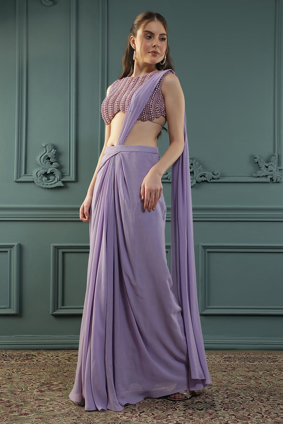 Purple Pearl Embellished Drape Saree & Blouse Set