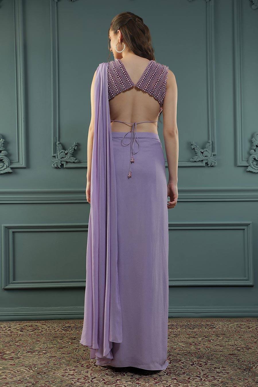 Purple Pearl Embellished Drape Saree & Blouse Set