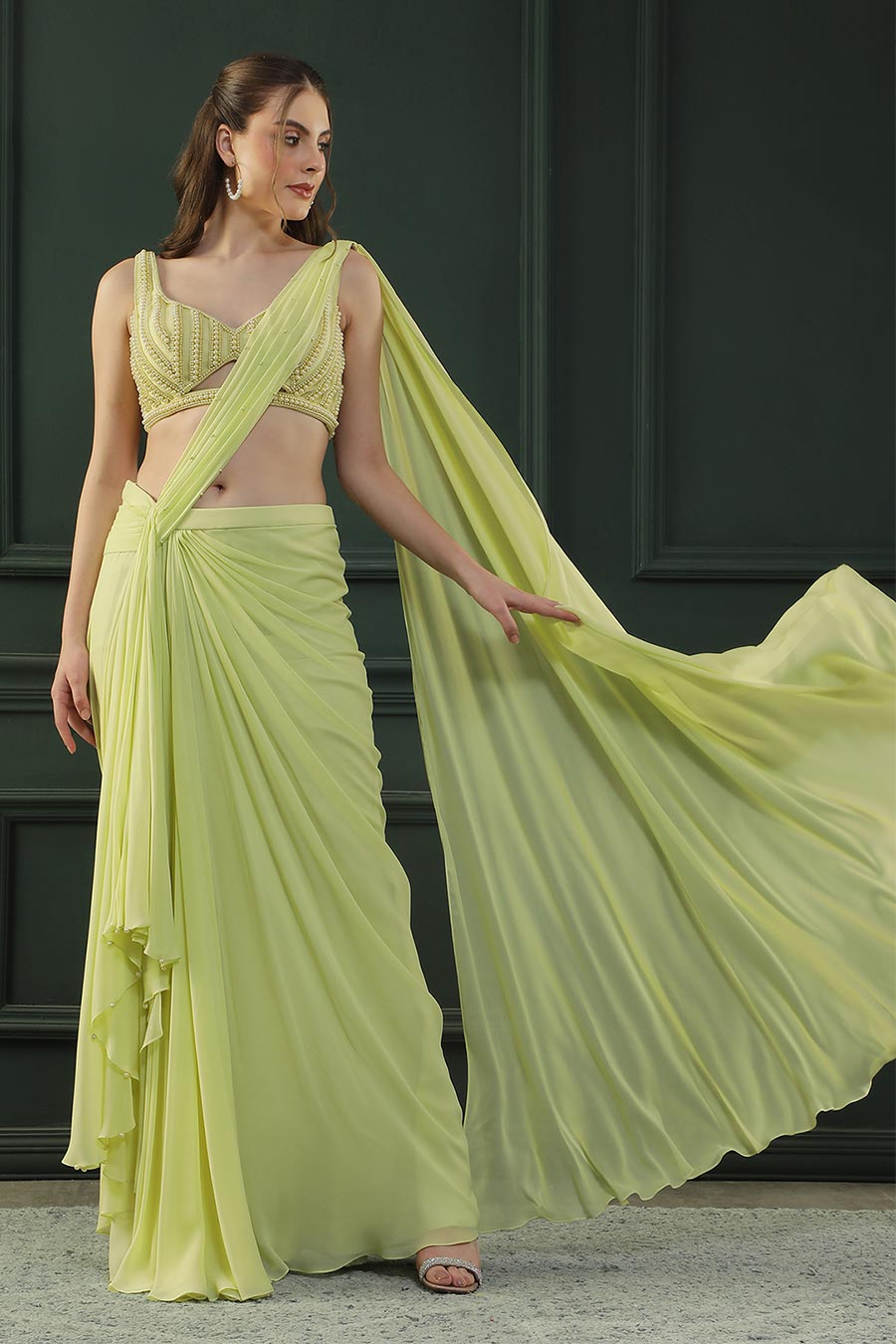 Lime Yellow Pearl Embellished Drape Saree & Blouse Set