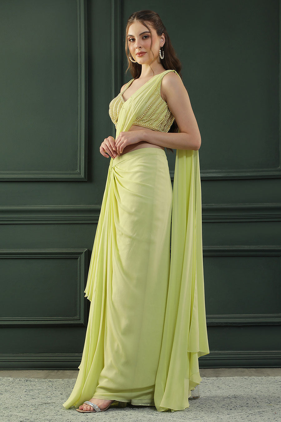 Lime Yellow Pearl Embellished Drape Saree & Blouse Set