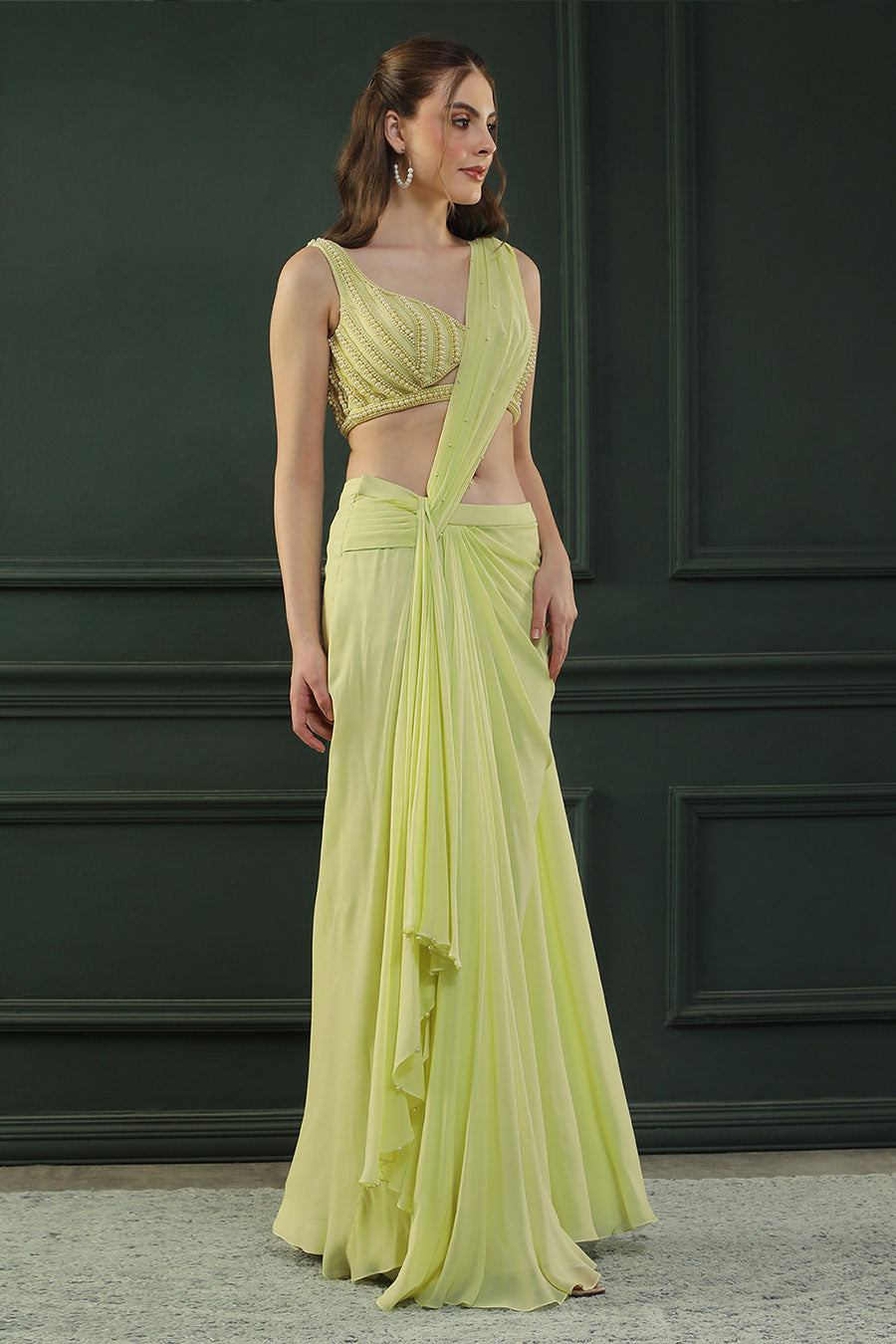 Lime Yellow Pearl Embellished Drape Saree & Blouse Set