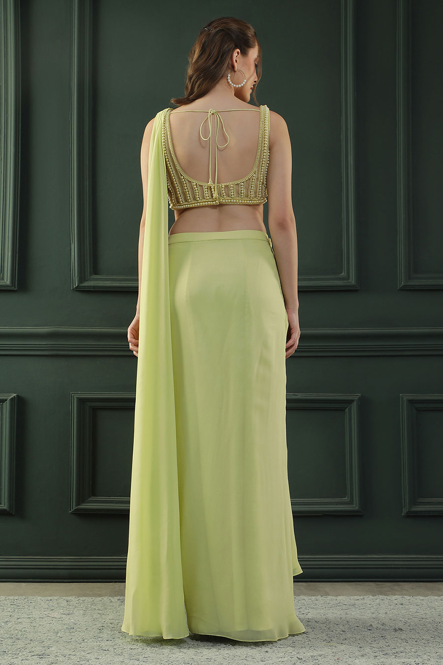 Lime Yellow Pearl Embellished Drape Saree & Blouse Set