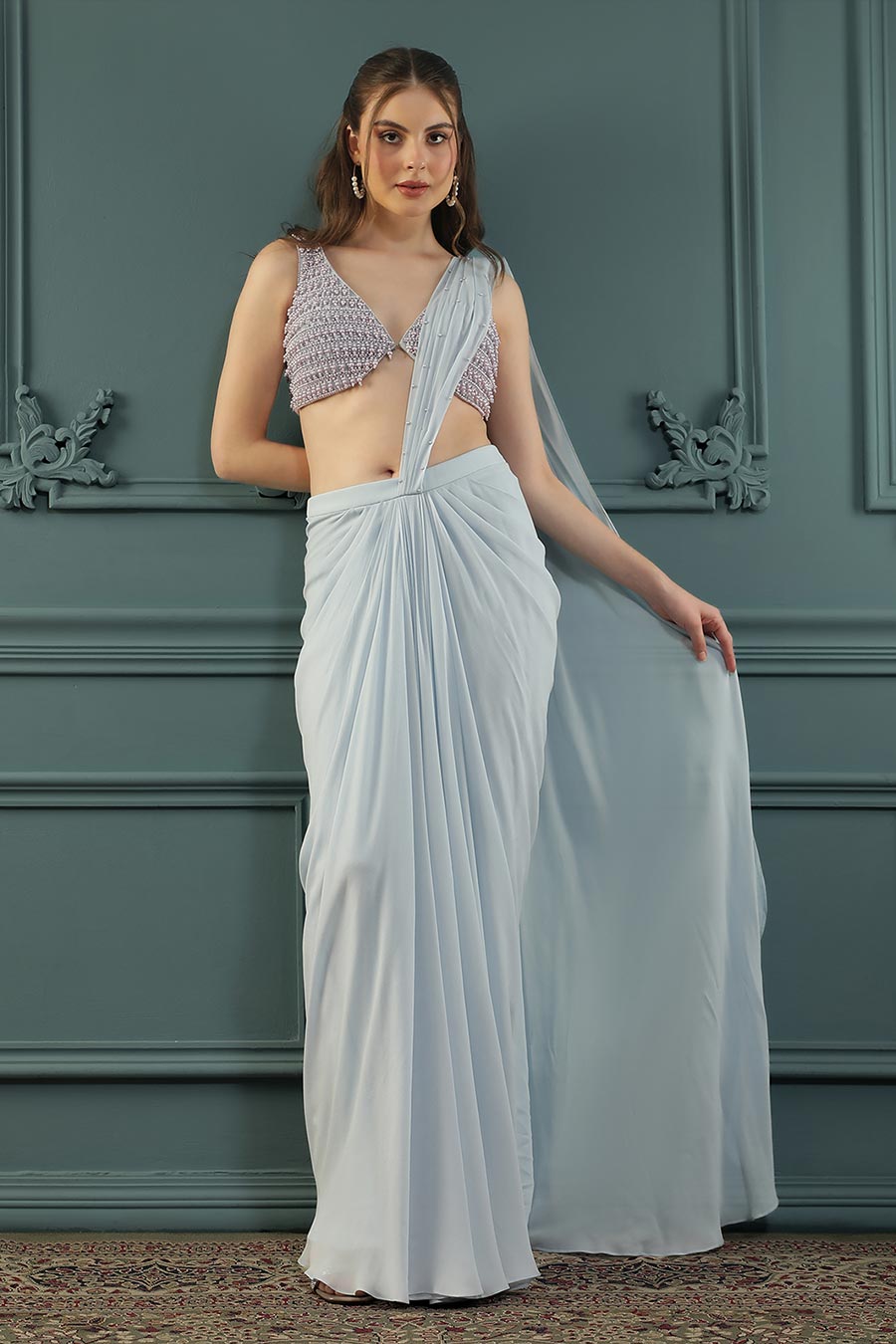 Blue Pearl Embellished Drape Saree & Blouse Set