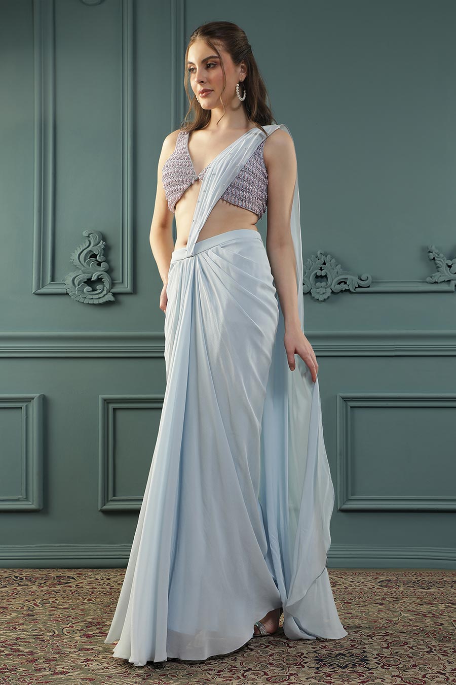 Blue Pearl Embellished Drape Saree & Blouse Set