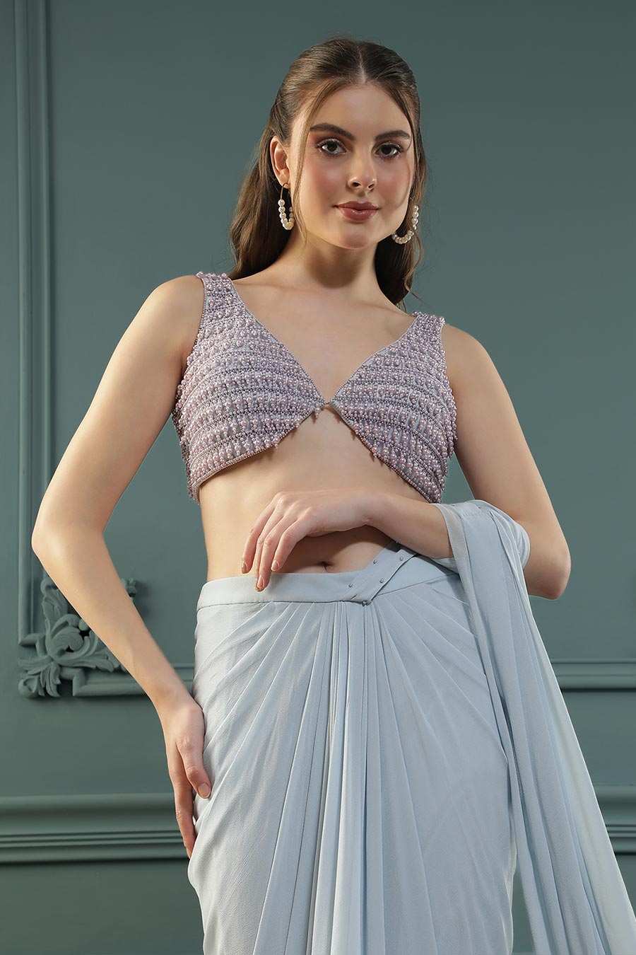 Blue Pearl Embellished Drape Saree & Blouse Set