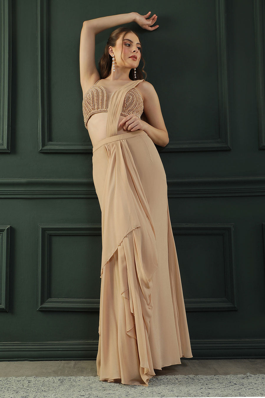 Tan Brown Pearl Embellished Drape Saree & Blouse Set