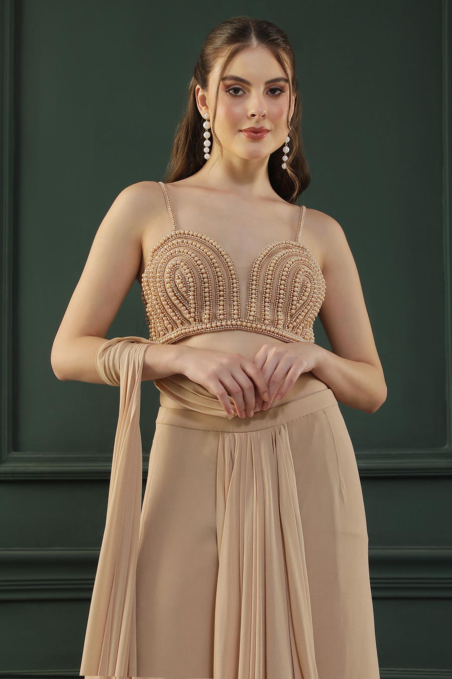 Tan Brown Pearl Embellished Drape Saree & Blouse Set