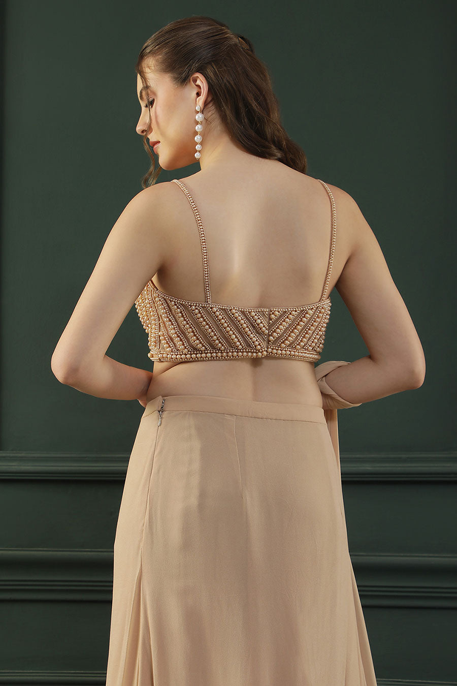 Tan Brown Pearl Embellished Drape Saree & Blouse Set