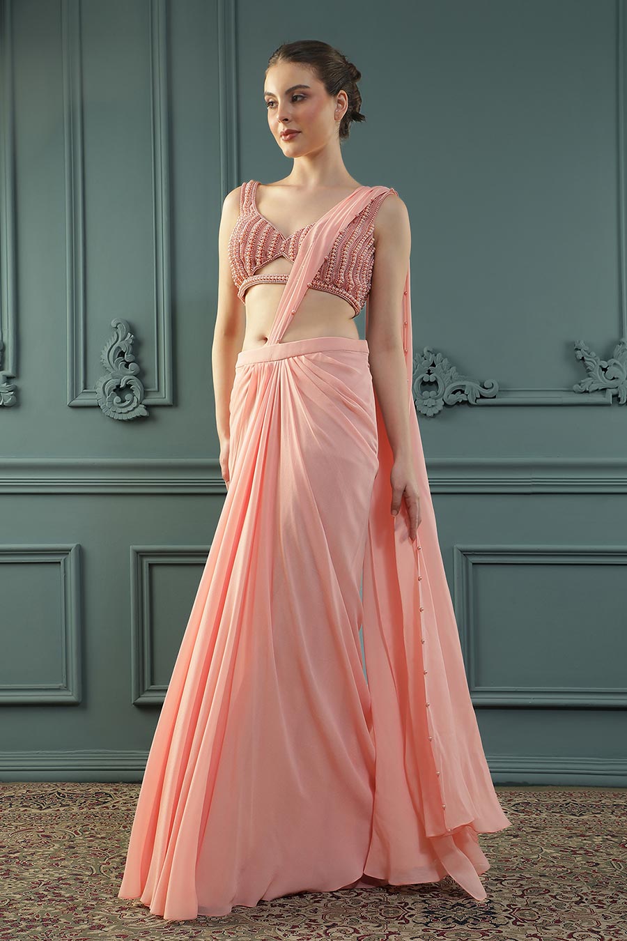 Peach Pearl Embellished Drape Saree & Blouse Set