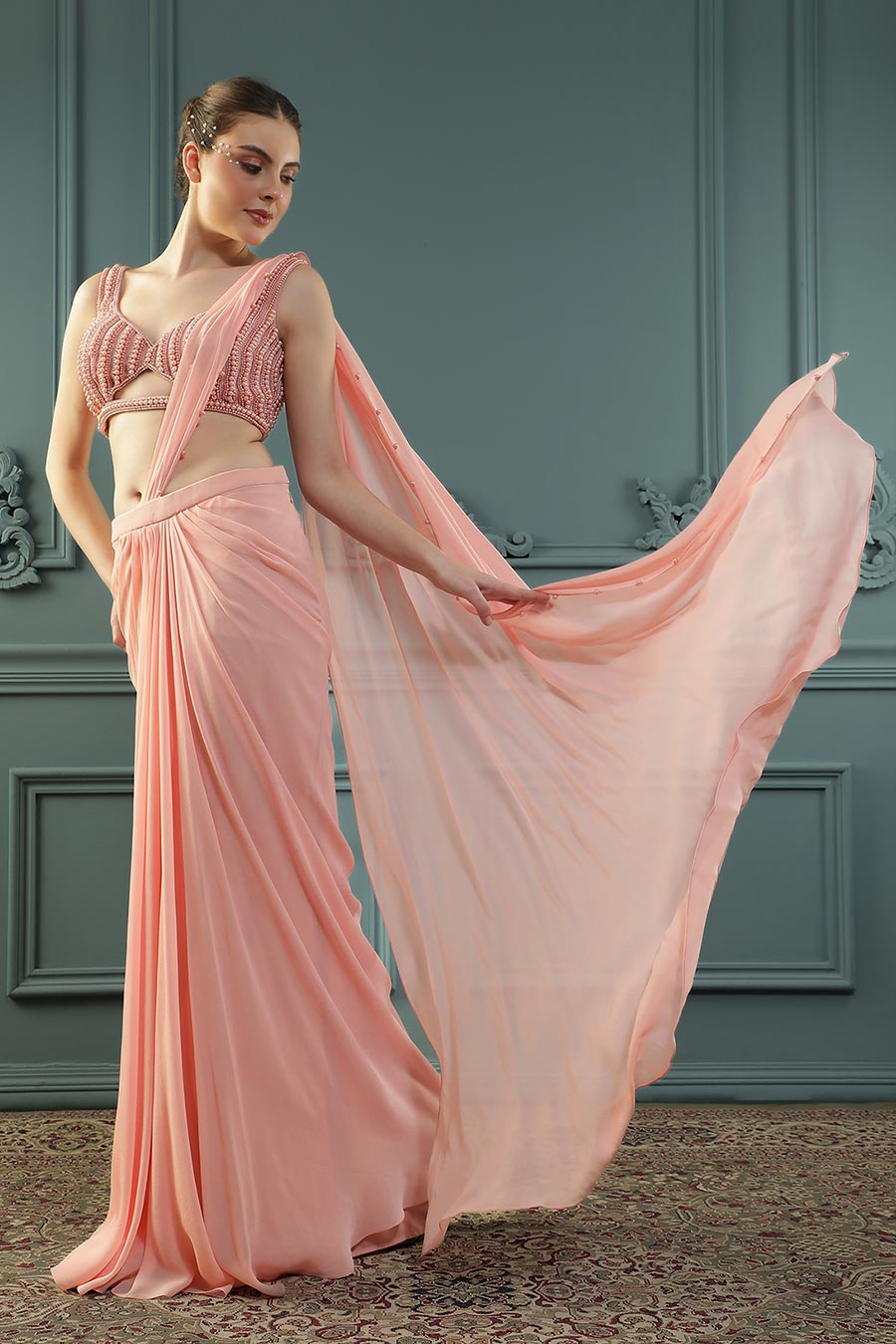 Peach Pearl Embellished Drape Saree & Blouse Set