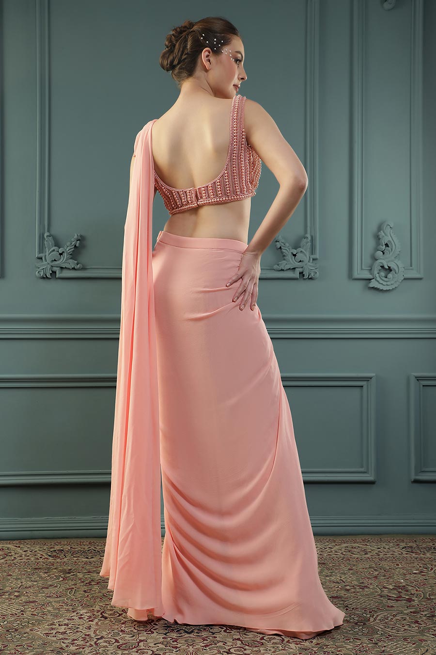 Peach Pearl Embellished Drape Saree & Blouse Set