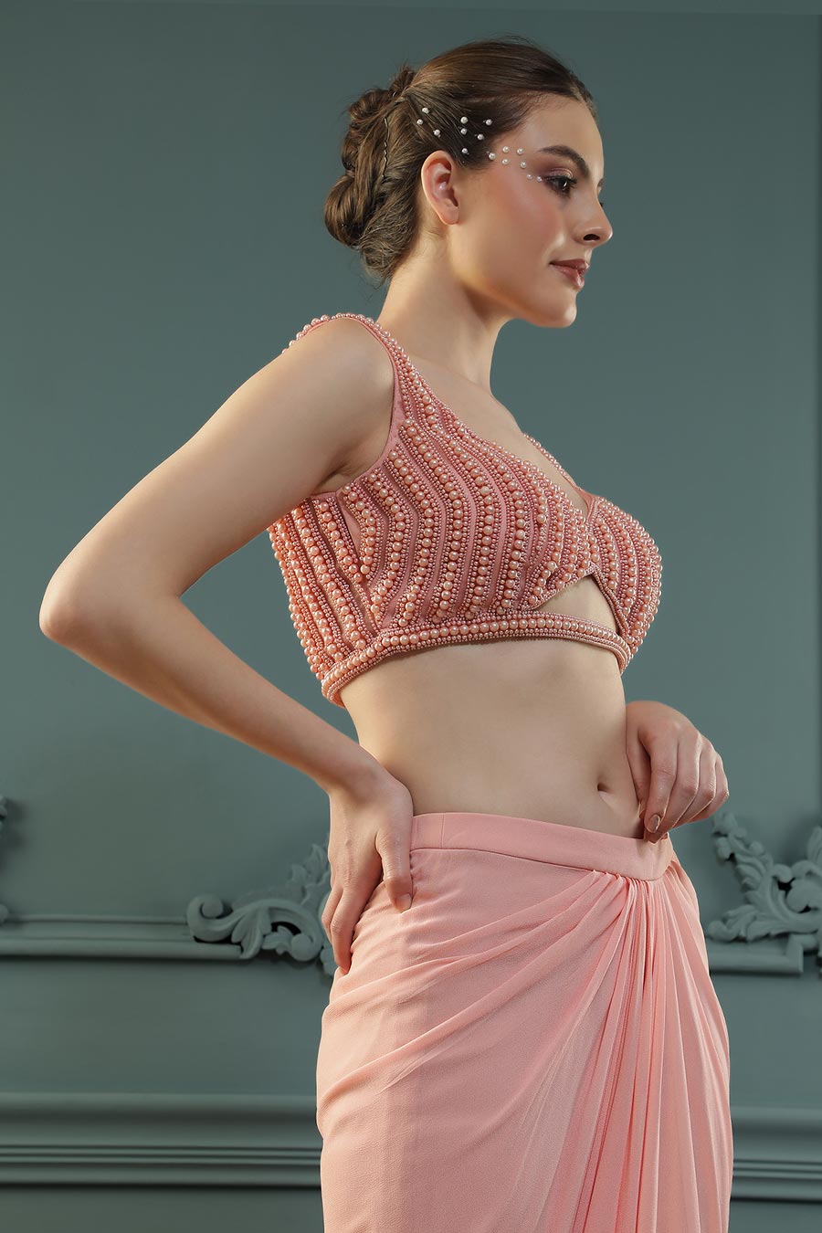 Peach Pearl Embellished Drape Saree & Blouse Set
