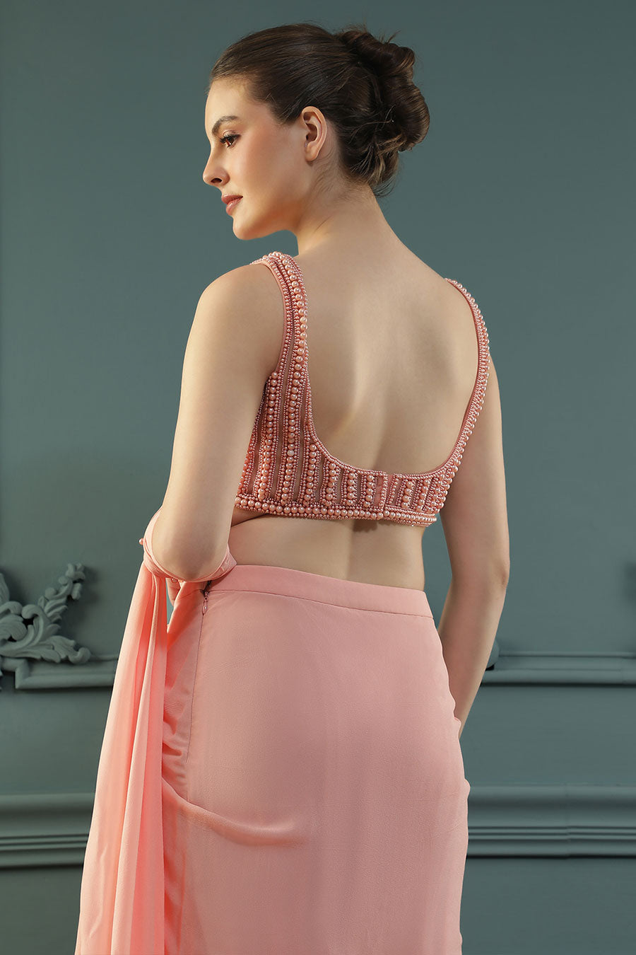 Peach Pearl Embellished Drape Saree & Blouse Set